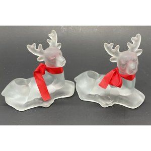 2) Royal Gallery Frosted Glass Reindeer Candlestick Holders Tawain 1990s